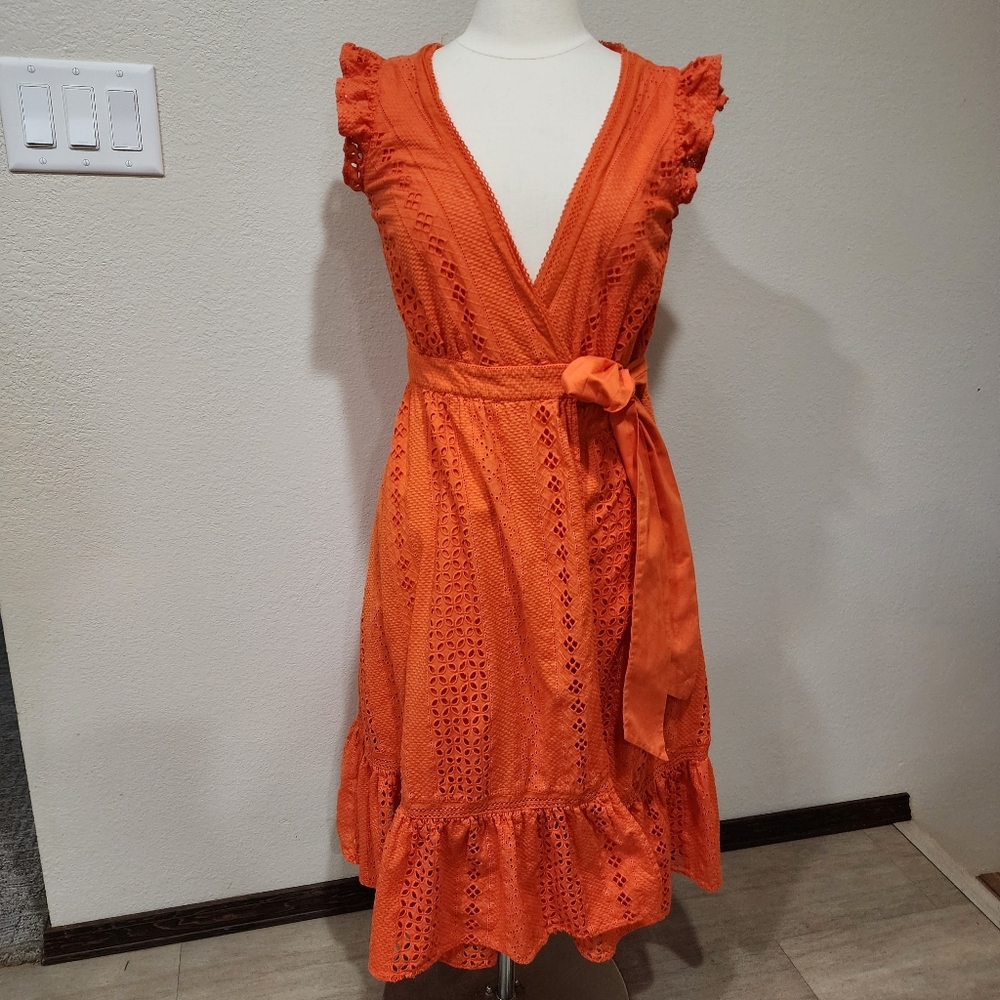 J. CREW All Over Eyelet True Wrap Dress Ruffle Sleeves Midi Preppy size 4